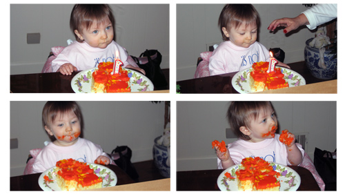 Tess in various stages of eating her birthday cake at her third first birthday party.